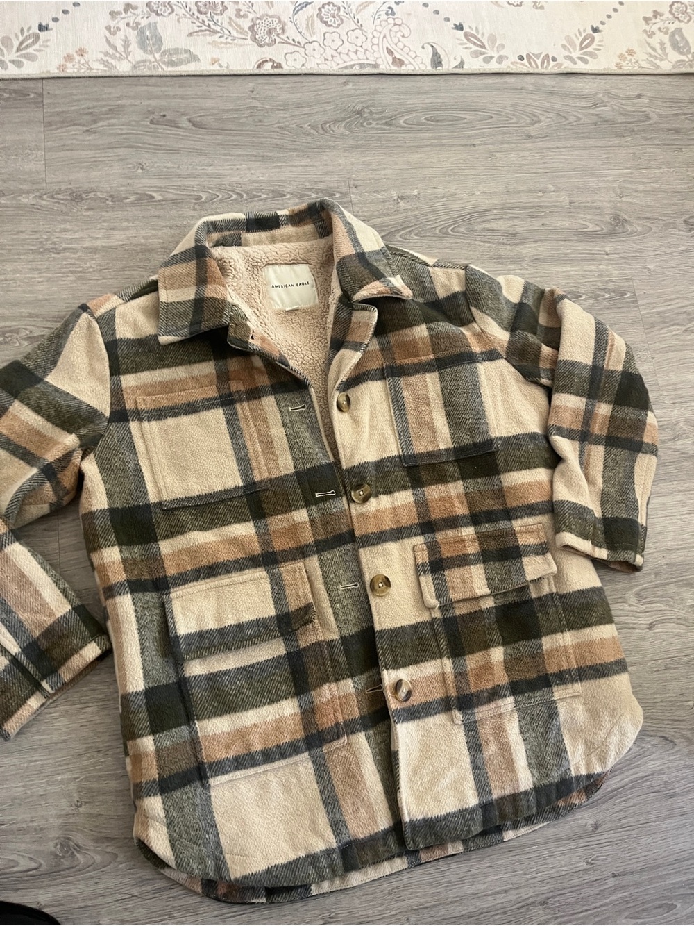 American Eagle Outfitters Plaid Sherpa-Lined Pea Coat in Beige, Olive & Brown